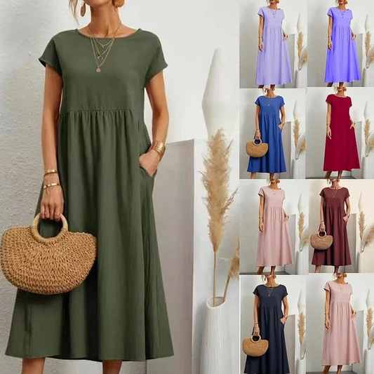 👗🧵 Mode Effen Kleur Katoen-linnen Jurk met Zakken 👜✨