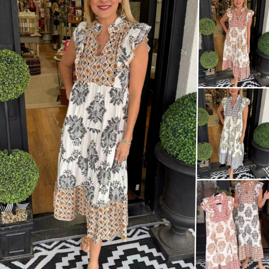 👗 50% KORTING! 🌸 Elegante mouwloze jurk met ruches en print voor dames – Licht, vrouwelijk en perfect voor zomerdagen, bruiloften of vakanties 🏖️