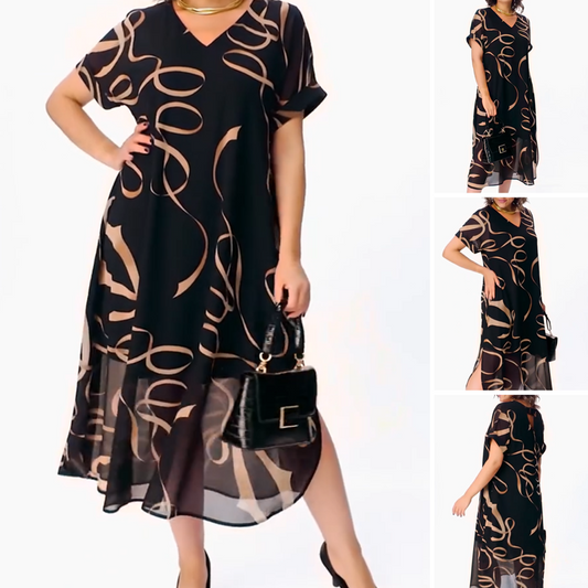 🌟 50% KORTING! 👗 Soepel vallende midi-jurk met diep V-hals – Dubbellaags, kreukvrij & verstelbare strik – Zwart, S–5XL – Perfect voor brunch, vakantie & avondjes uit ✨