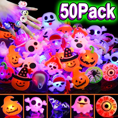🎃💍 50% KORTING! Alsof je 50 gloeiende spoken om je vingers hebt die de hele straat doen schrikken! LED-ringenset met pompoen, schedel, vleermuis – 50 stuks, elk kind is jaloers.