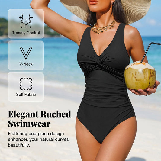 ✨👙【Aanbieding】🌈Badpak met Buikcorrigerende Plooien | V-hals | 12 Kleuren🌊