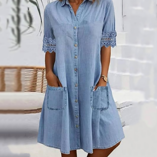 💙💥 50% KORTING! Losvallende denim jurk, ademend met ruime zakken