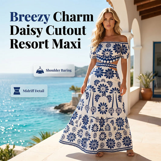 🎀 Damesresortjurk met blote schouders — uitsnijding bij de taille en madeliefjesprint 👗