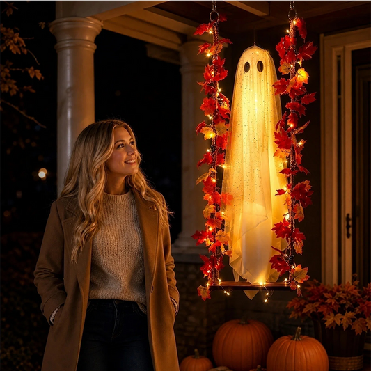 Hangende Halloween-spookfiguur op schommel met op afstand bedienbare LED-verlichting en esdoornbladeren