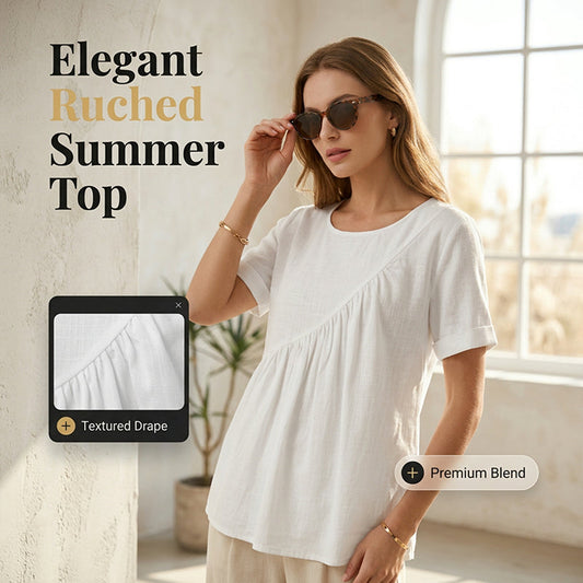 👚 50% KORTING! ✨ Asymmetrisch topje met korte mouwen en plooien – Flatterende pasvorm, lichte stof en moderne stijl – Perfect voor een trendy alledaagse look 🌸