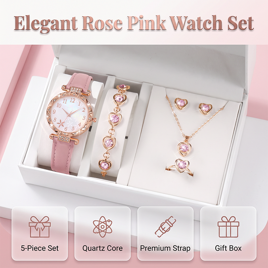 💥【50% OFF】🔥 Dames Horloge & Sieraden 5-delig Set | Vlinderwijzerplaat met Strass Quartz | Echte Leren Band Comfortabel | Bijpassende Hartvormige Ketting/Armband/Oorbellen/Ring | 4 Kleuren (Wit/Roze/Zwart/Zwart-Wit) | Perfect Cadeau 🎁