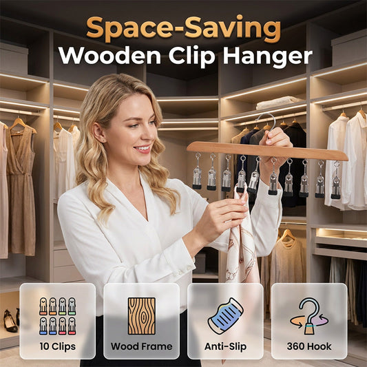 🎁 2+1 GRATIS! Multi-Clip Houten Hanger voor Kledingkastorganisatie – Eén hanger, meerdere kledingstukken! Creëer overzicht en bespaar ruimte ✅